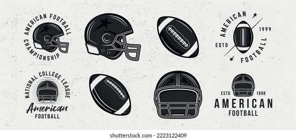 Logo de fútbol americano. 4 emblemas de fútbol con cascos e iconos de bolas. Imprimir para camisetas, tipografía. Emblema, plantillas de afiches. Ilustración del vector