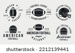 American football logo set. 6 Football emblems with helmets and balls icons. Print for t-shirt, typography. Emblem, poster templates. Vector illustration
