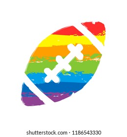 American Football logo. Simple rugby ball icon. Drawing sign with LGBT style, seven colors of rainbow (red, orange, yellow, green, blue, indigo, violet