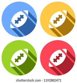 American Football logo. Simple rugby ball icon. Set of white icons with long shadow on blue, orange, green and red colored circles. Sticker style