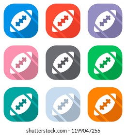 American Football logo. Simple rugby ball icon. Set of white icons on colored squares for applications. Seamless and pattern for poster
