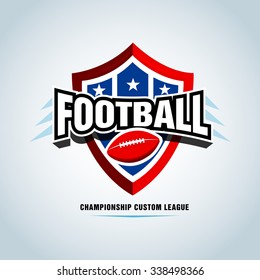 American football logo template, badge, t-shirt, label, emblem. Red, blue, black color version. Vector illustration.