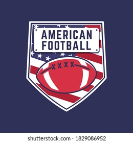 American football logo template, fantasy league label, sports emblem with ball element and american flag. Stock vector badge sticker