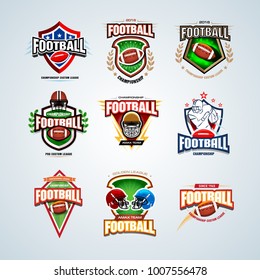 American football logo templates set, badges, crests, t-shirt, label, emblem, t-shirt, icons. Football helmet, player. Isolated Vector illustrations.