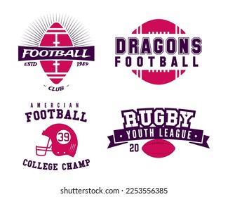 American football logo templates set in flat style. Rugby badges isolated on white background. Sports labels collection. Stock vector illustration