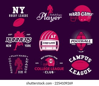 American football logo templates set in modern flat style. Rugby badges isolated on dark background. Sports labels collection. Stock vector illustration