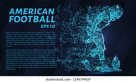 American football made up of particles.Football player sets the ball to hit.