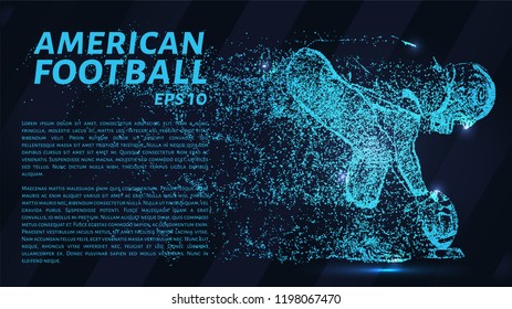 American football made up of particles.Football player sets the ball to hit.