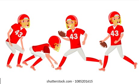 American Football Male Player Vector. Match Tournament. Summer Activity. Playing In Different Poses. Man Athlete. Isolated On White Cartoon Character Illustration
