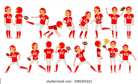 American Football Male Player Vector. Speed Strategy. Football Match Tournament. In Action. Cartoon Character Illustration
