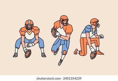 American football man male guy  character players in action set line style illustration