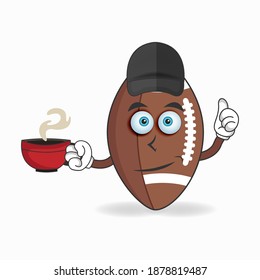 American Football mascot character holding a hot cup of coffee. vector illustration