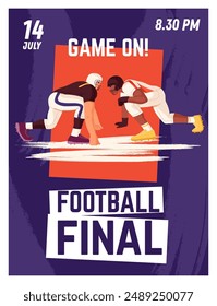 American football match advertising poster design. Promotion template of rugby competition, sport event. Professional athletes, players in helmets play in attack, defence. Flat vector illustration