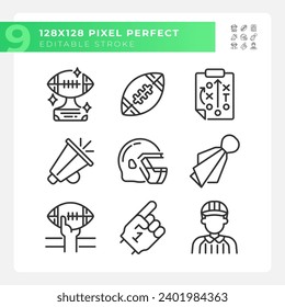 American football match linear icons set. Rules of team game. Outdoor sports. Game day. Football strategy. Customizable thin line symbols. Isolated vector outline illustrations. Editable stroke