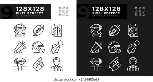 Iconos lineales de partidos de fútbol americano ajustados para modo oscuro y claro. Reglas del juego de equipo. Deportes al aire libre. Estrategia futbolística. Símbolos de línea fina para el tema de noche, día. Ilustraciones aisladas Trazo editable