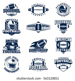 American Football monochrome badges Set in Vintage Style. Retro Collection of  Football elements and emblems, t-shirt graphic design. Vector illustration. 