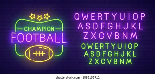 American football neon sign, bright signboard, light banner. Football club logo, emblem and label. Neon text edit