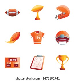 American football object icon set. Cartoon set of 9 american football object vector icons for web design isolated on white background