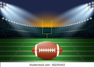 American football on field of stadium with spotlight. Vector illustration.