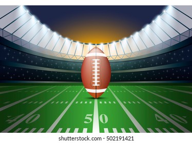 American football on field of stadium with spotlight. Vector illustration.