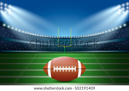 American football on field of stadium with spotlight. Vector illustration.