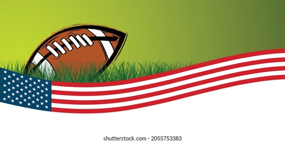 American football on green grass field. Sport team game cup. Rugby ball day. Super bowl weekend party. USA, sport finale, school games or on street. Vector template background sign. Flag pictogram
