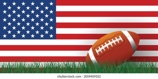 American football on green grass field. Sport team game cup. Rugby ball day. Funny super bowl weekend party. USA flag, sport finale, school games or on street. Vector template background sign. 