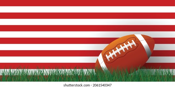 American football on green grass field. Sport team game cup. Rugby ball day. Funny super bowl weekend party. USA flag, sport finale, school games or on street. Vector template background sign. 