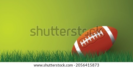 American football on green grass field. Sport team game cup. Rugby ball day. Funny super bowl weekend party. USA, sport finale, school games or on street. Vector template background sign. 