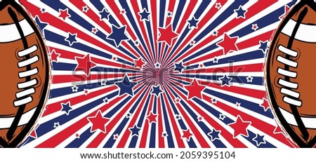 American football on green grass field. Sport team game cup. Rugby ball day. Funny super bowl weekend party. USA, sport finale, school games or on street. Vector template background sign. 