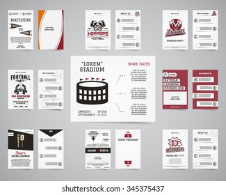 American football party back and front flyer template design collection. Usa Sport brand identity letterhead. Event Poster, brochures and banners with typography, horseshoe emblem, sunburst. Vector.