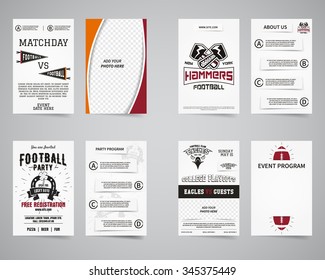 American football party back and front flyer template design collection. Usa Sport brand identity letterhead. Event Poster, brochures and banners with typography, horseshoe emblem, hammers. Vector.