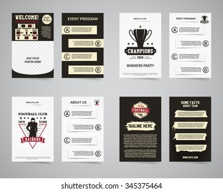 American football party flyer templates design collection. Usa Sport brand identity letterhead. Event Poster, brochures and banners with typography, horseshoe emblem, sunburst. Vector.