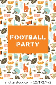 American Football Party Invitation Card. Helmet, Trophy, Beer, Foam Finger, Fast Food, Go And Touch Down Lettering Background. Vintage Style Vector Design For Tailgate Party, Super Bowl, Flyer, Decor.