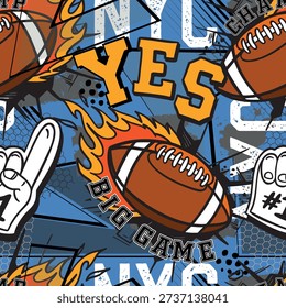 American football pattern. Abstract background with balls and helmet. Bright print for textiles, sportswear, wrapping paper