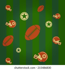 american football pattern with balls and helmets on a green field background