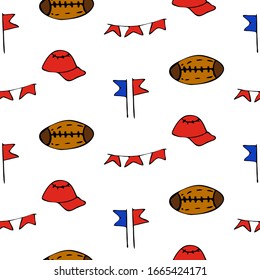 American football pattern. Sports symbols, ball, flags, baseball cap. Seamlees pattern. Vector