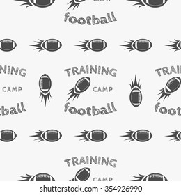 American football pattern. Usa sports seamless background. Sport wallpaper with cup in color design. Vector soccer equipment graphic with ball rocket elements. Sketch, monochrome, hand drawn style