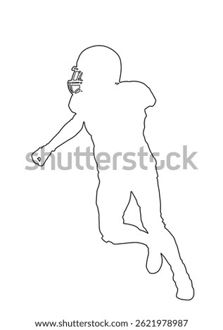 American football player in action line contour vector silhouette illustration isolated on background. Sportsman in full equipment on court. Rugby sport man, popular collage sport super star.