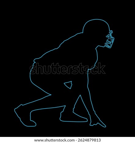 American football player in action line contour vector silhouette illustration isolated on background. Sportsman in full equipment on court. Rugby sport man, popular collage sport super star.
