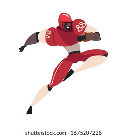 American Football Player in Action, Male Athlete Character in Red Sports Uniform Running Vector Illustration