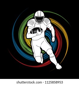 American Football player action, sport concept designed using grunge brush on spin wheel background graphic vector.