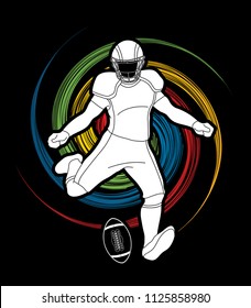 American Football player action, sport concept designed using grunge brush on spin wheel background graphic vector.
