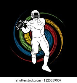 American Football player action, sport concept designed using grunge brush on spin wheel background graphic vector.