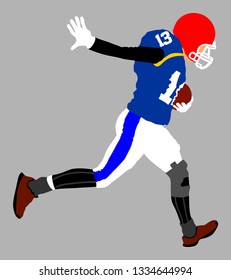 American football player in action, vector isolated on background. Sportsman in full equipment on court. Rugby sports man with ball. Super ball. popular sport super star. 