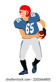 American football player in action, vector illustration isolated on white background. Sportsman in full equipment on court. Rugby sport man with ball. Popular collage sport super star.