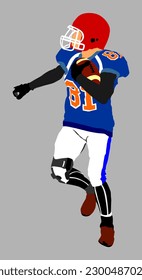 American football player in action vector illustration isolated on background. Sportsman in full equipment on court. Rugby sport man with ball. Popular collage sport super star.