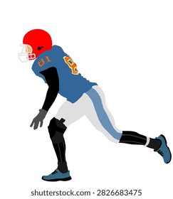American football player in action vector illustration isolated on background. Sportsman in full equipment on court. Rugby sport man with ball. Popular collage sport super star.