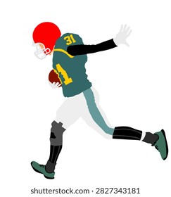American football player in action vector illustration isolated on background. Sportsman in full equipment on court. Rugby sport man with ball. Popular collage sport super star.