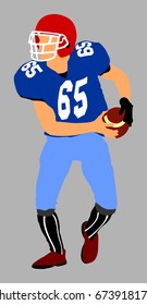 American football player in action, vector isolated on background. Sportsman in full equipment on court. Rugby sportsman with ball. Super ball. popular sport super star. 